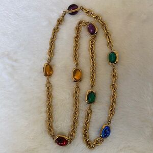 Vintage ST. JOHN Multi- Colored Gripoix Glass, Gold Plated Jeweled Necklace